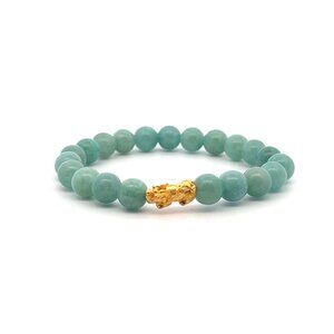 24K Gold Piyao Pixiu Lucky Charm Bracelet  Aventurine Gemstones 8mm Size 6 in